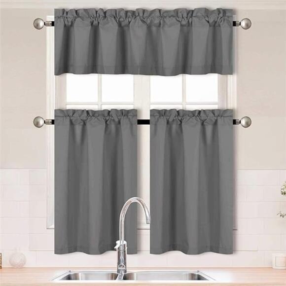 3Piece Solid Color 100% Blackout Kitchen Window Curtain Set with Tiers & Valance - Picture 5 of 5